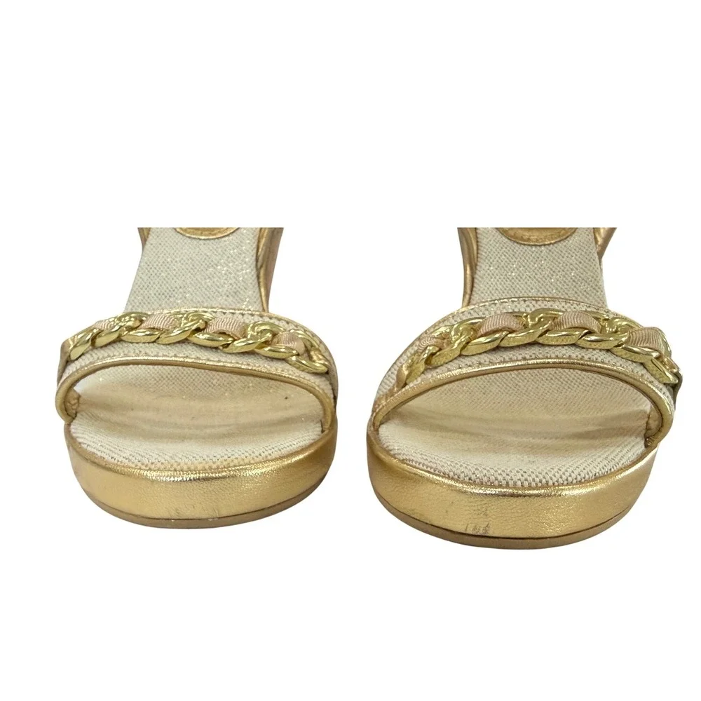 Coach Floral Cork Wedge Sandals‎ Gold Leather Chain Accent Ankle Strap Size 8B